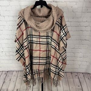 V. Fraas Plaid Poncho Knit Collar Button Sides One Size